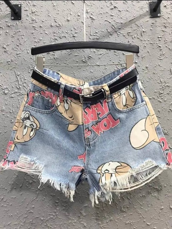 No brand Pants - Cartoon-Print Frayed Hem Denim Shorts in Blue